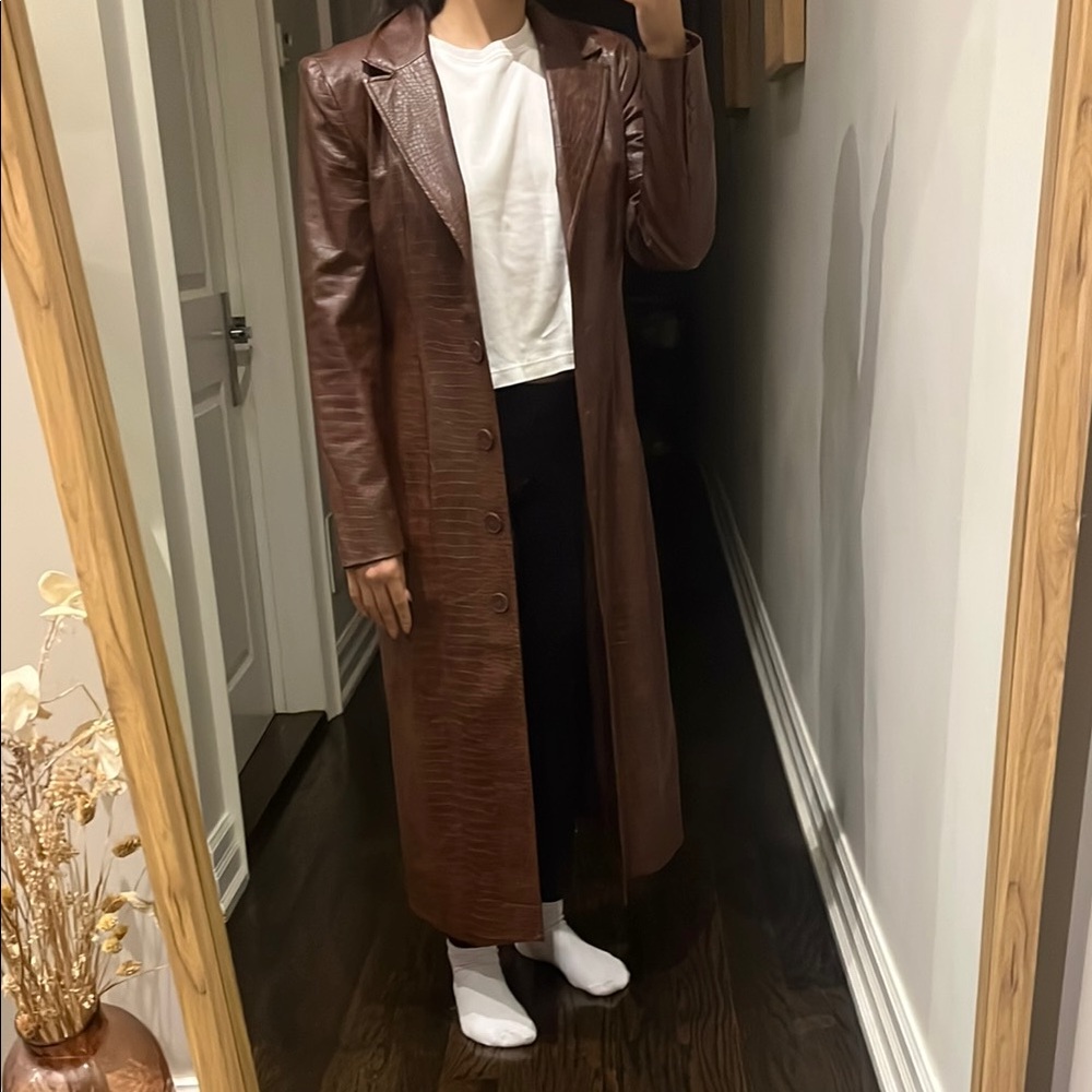 Brown Croc Pattern Faux Leather Coat